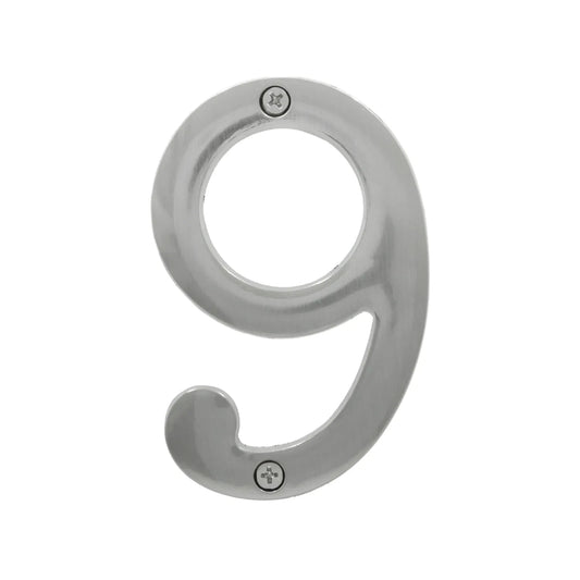 Número 9 de metal atornillable para casa, acabado cepillado plateado, resistente para exteriores.