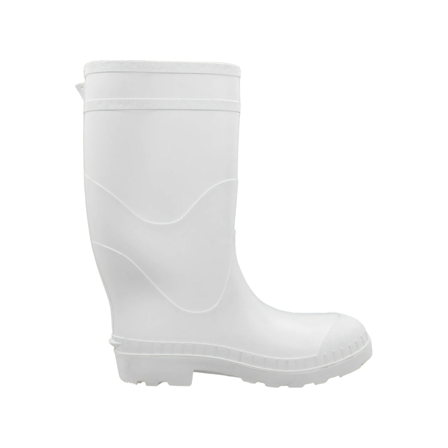 Bota de trabajo blanca sanitaria e impermeable de PVC, ideal para industria alimentaria o entornos húmedos.
