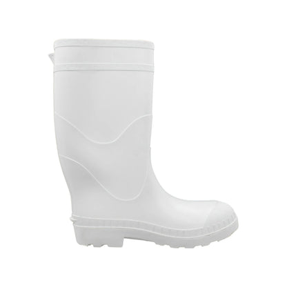 Bota de trabajo blanca sanitaria e impermeable de PVC, ideal para industria alimentaria o entornos húmedos.