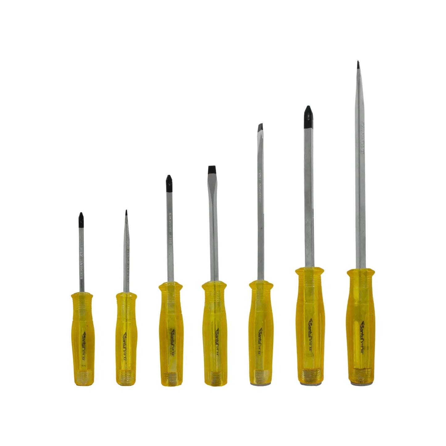 Juego de 7 desarmadores Santul: 4 planos, 2 Phillips y 1 punzón, mangos amarillos, puntas endurecidas