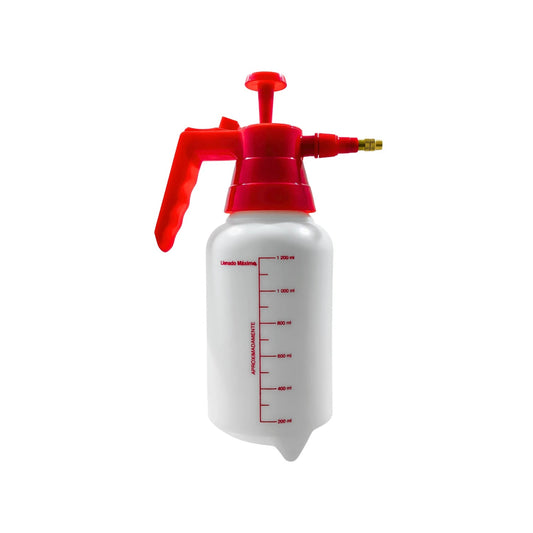Bomba fumigadora manual de presión 1.2 litros blanca y roja con boquilla de latón ajustable