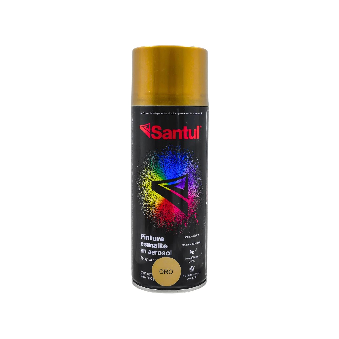 Pintura en aerosol Santul color oro metálico 300ml para acabados profesionales, secado rápido y cobertura.