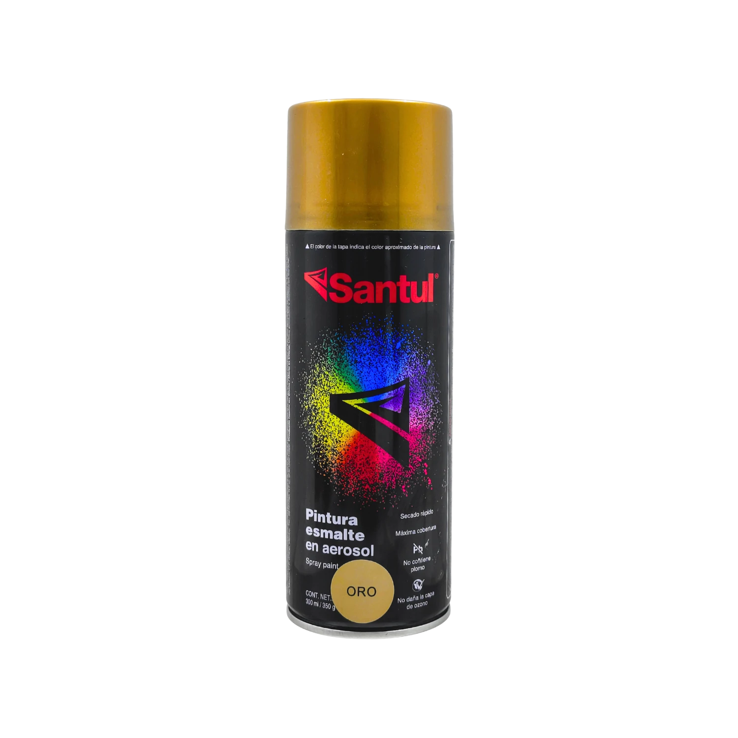 Pintura en aerosol Santul color oro metálico 300ml para acabados profesionales, secado rápido y cobertura.