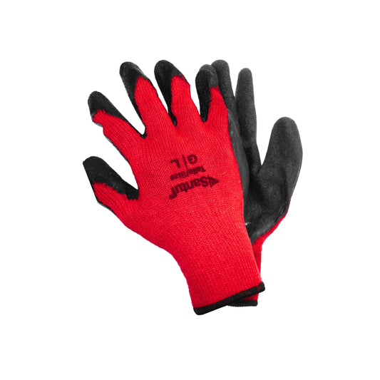 Guantes de trabajo Santul rojos y negros con palma de látex, talla L, para protección anticorte en ferretería.