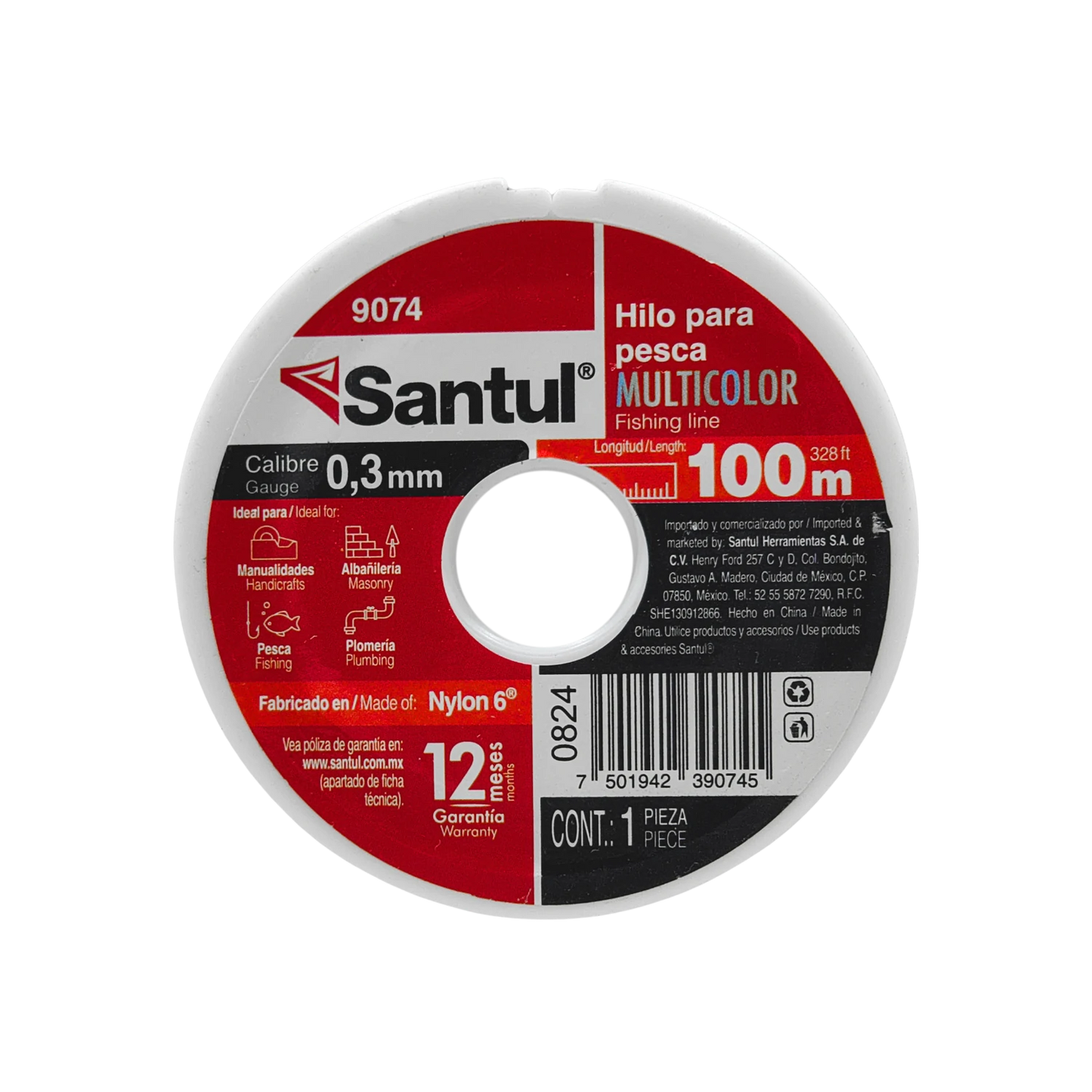 Hilo para pesca Santul 9074 de Nylon 6, multicolor, 0.3mm x 100m, para pescadores y artesanos