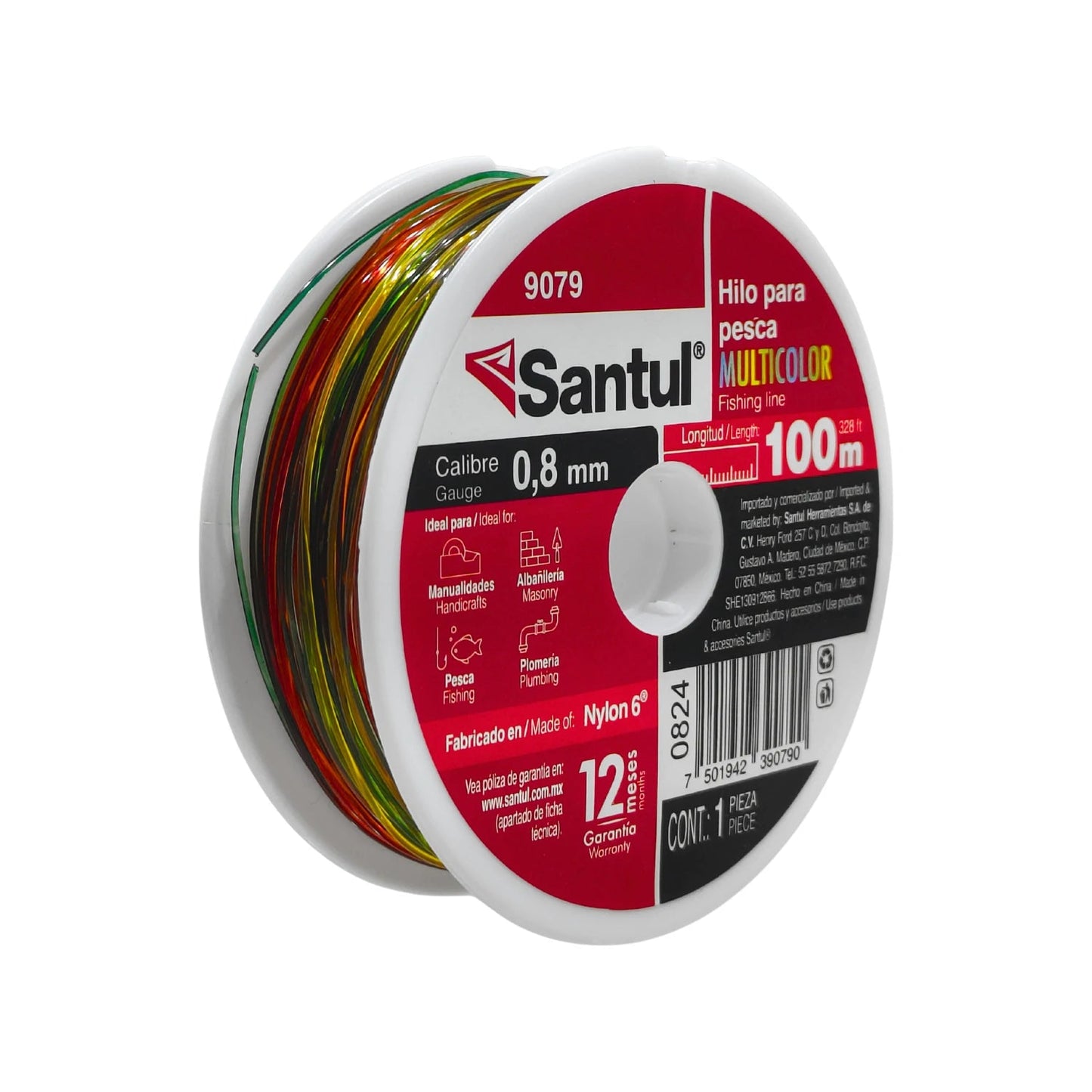Hilo de pesca Santul multicolor 0.8mm x 100m de nylon, ideal para pesca y manualidades.