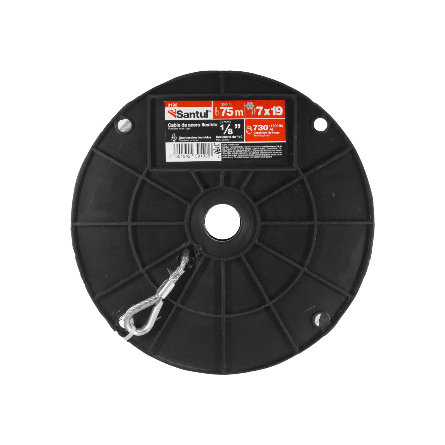 Cable de acero flexible Santul 9192 7x19, 1/8" (3mm) x 75m, recubierto PVC, guardacabos incluidos
