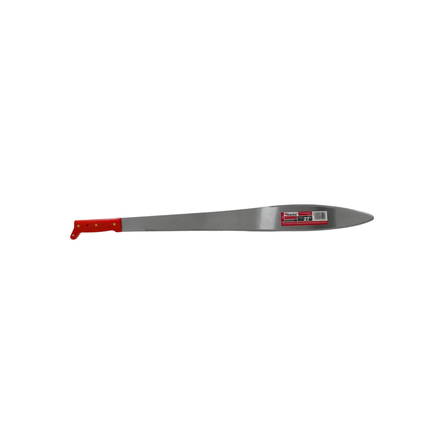 Machete acapulqueño Santul pulido de 27 pulgadas, hoja de acero brillante, mango ergonómico rojo.