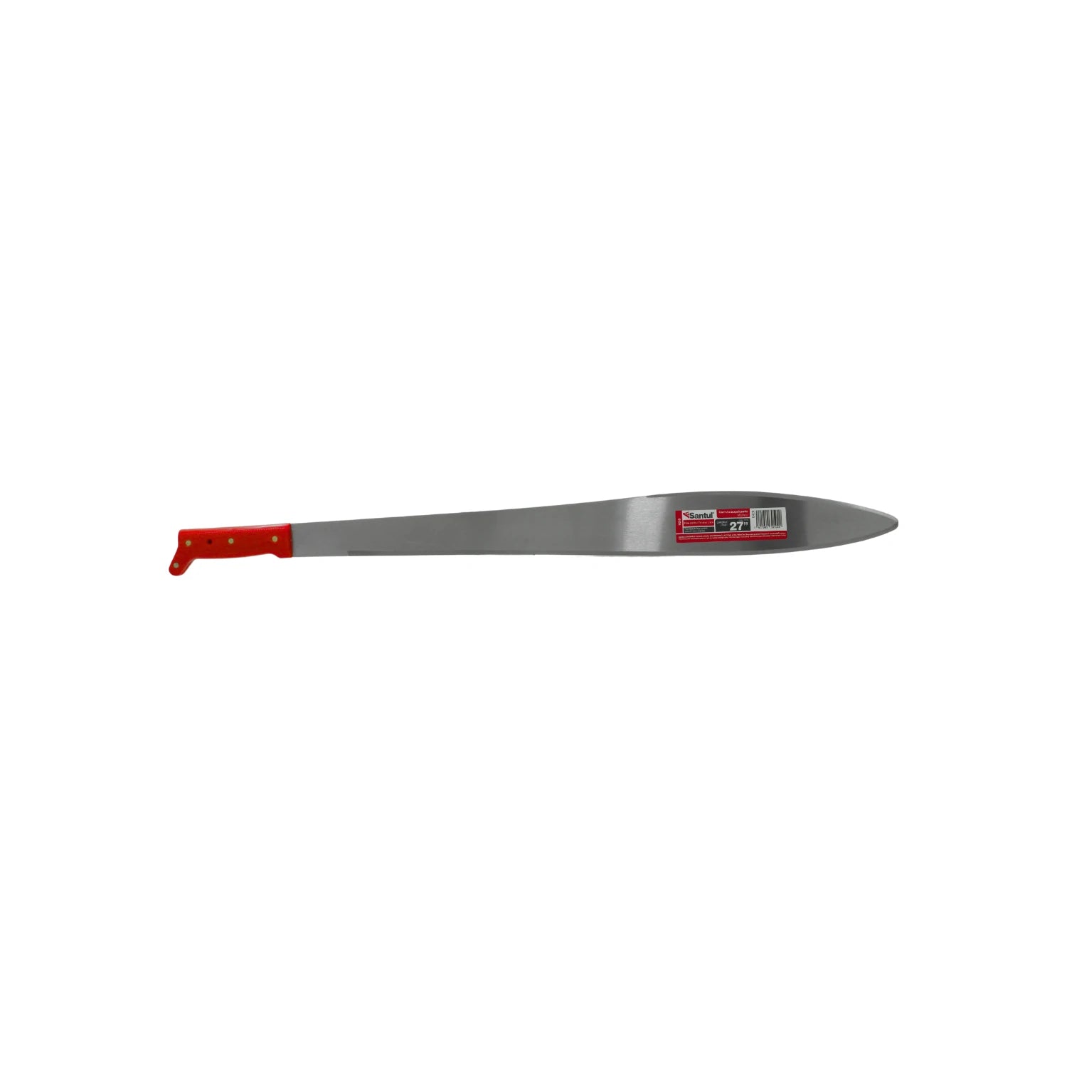 Machete acapulqueño Santul pulido de 27 pulgadas, hoja de acero brillante, mango ergonómico rojo.