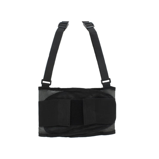 Faja industrial negra con tirantes para soporte lumbar, malla transpirable, seguridad en trabajos pesados
