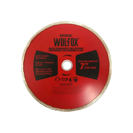 Disco diamantado Wolfox WF0592 de 7 pulgadas para corte húmedo, corona continua, 2.2mm de espesor, rojo.