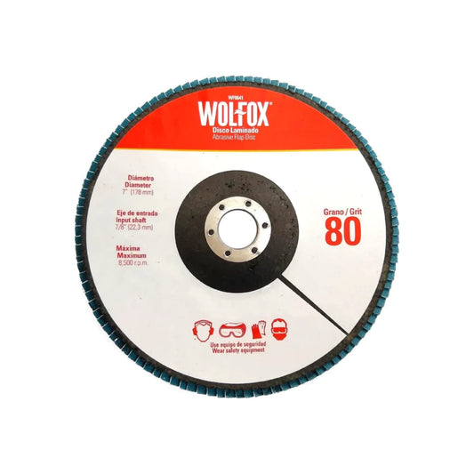 Disco laminado abrasivo Wolfox 7" (178mm) grano 80, 8500 RPM para esmeriladora, desbaste y pulido