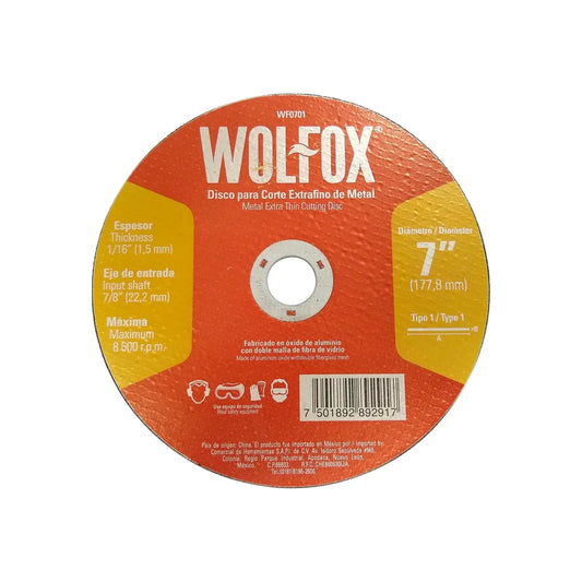 Disco 7" corte metal Wolfox WF0701 extra fino