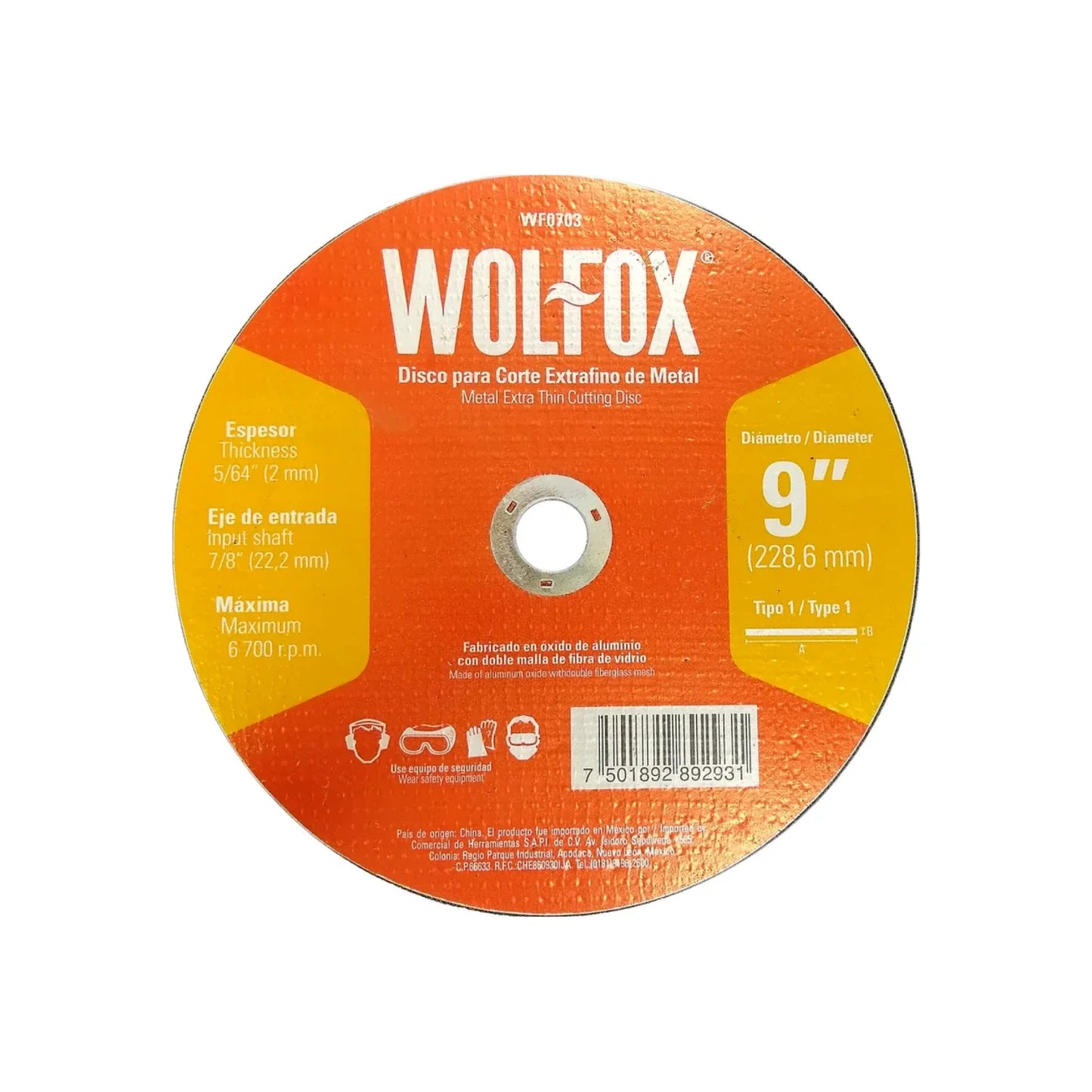 Disco 9" corte metal Wolfox WF0703 extra fino